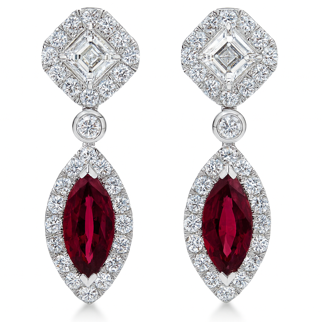 Handmade 18K White Gold Ruby Drop Earrings, 1.22ct