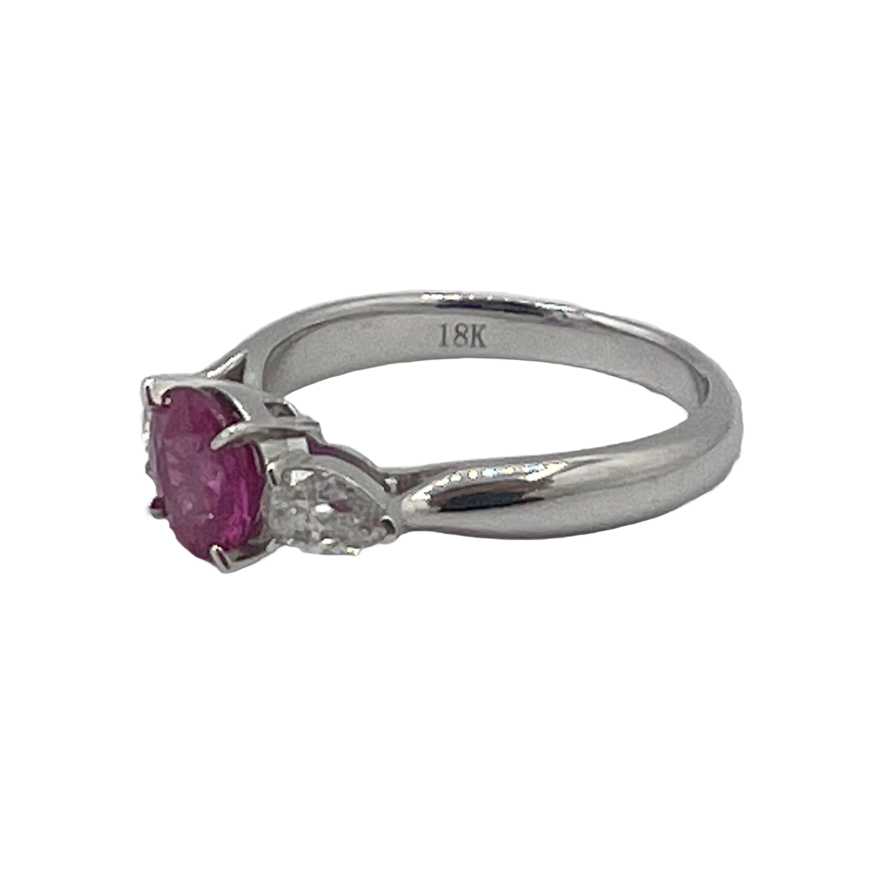 Handmade 18K White Gold Ruby Ring, 3 Stone, 8-9mm, 1.11ct