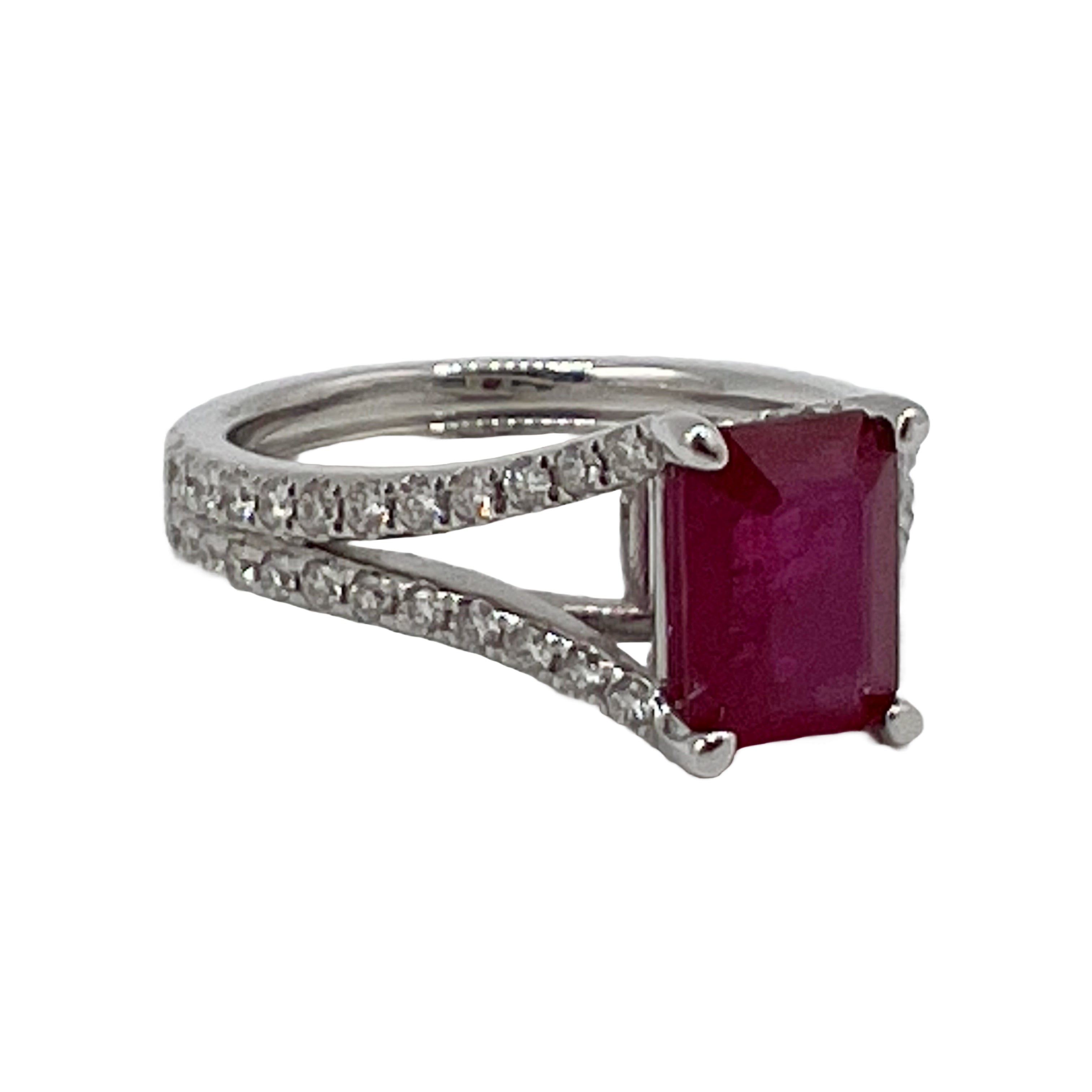 Handmade 18K White Gold Ruby Ring Split Shank, 1.89ct