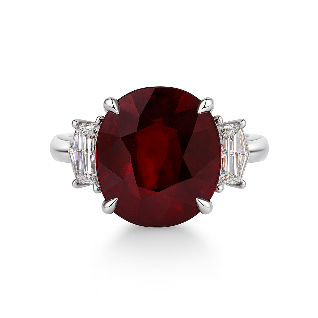 Handmade 18K White Gold Ruby Ring, 3 Stone, 6.06ct