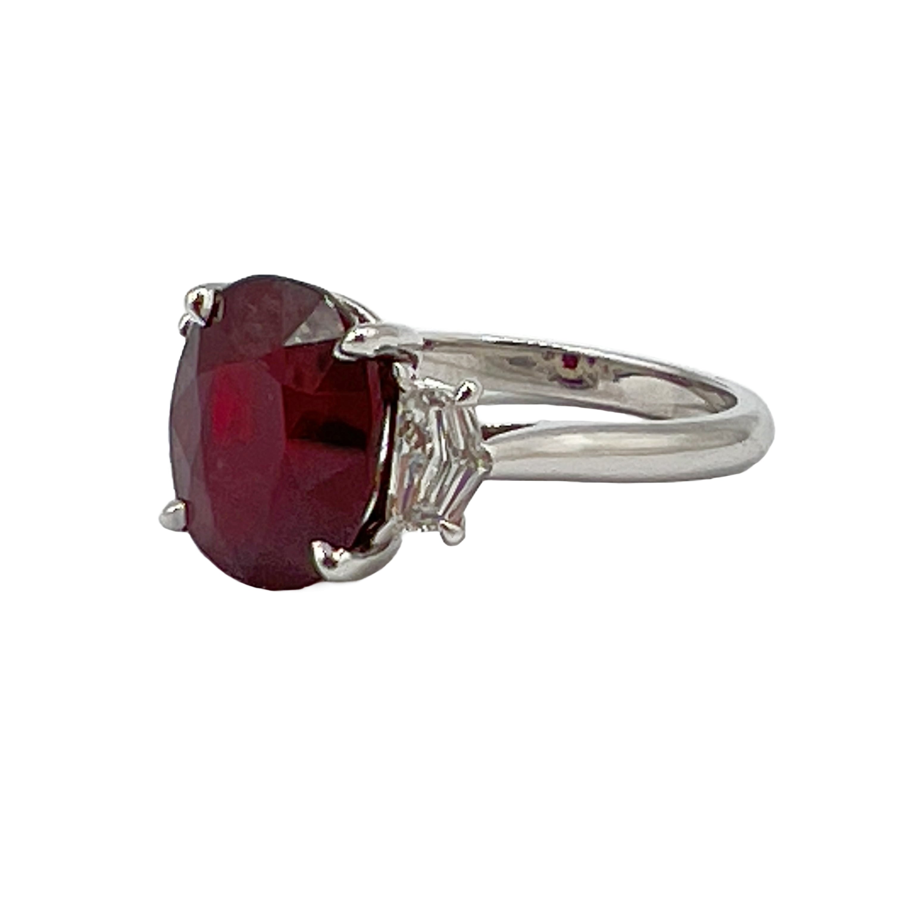 Handmade 18K White Gold Ruby Ring, 3 Stone, 6.06ct