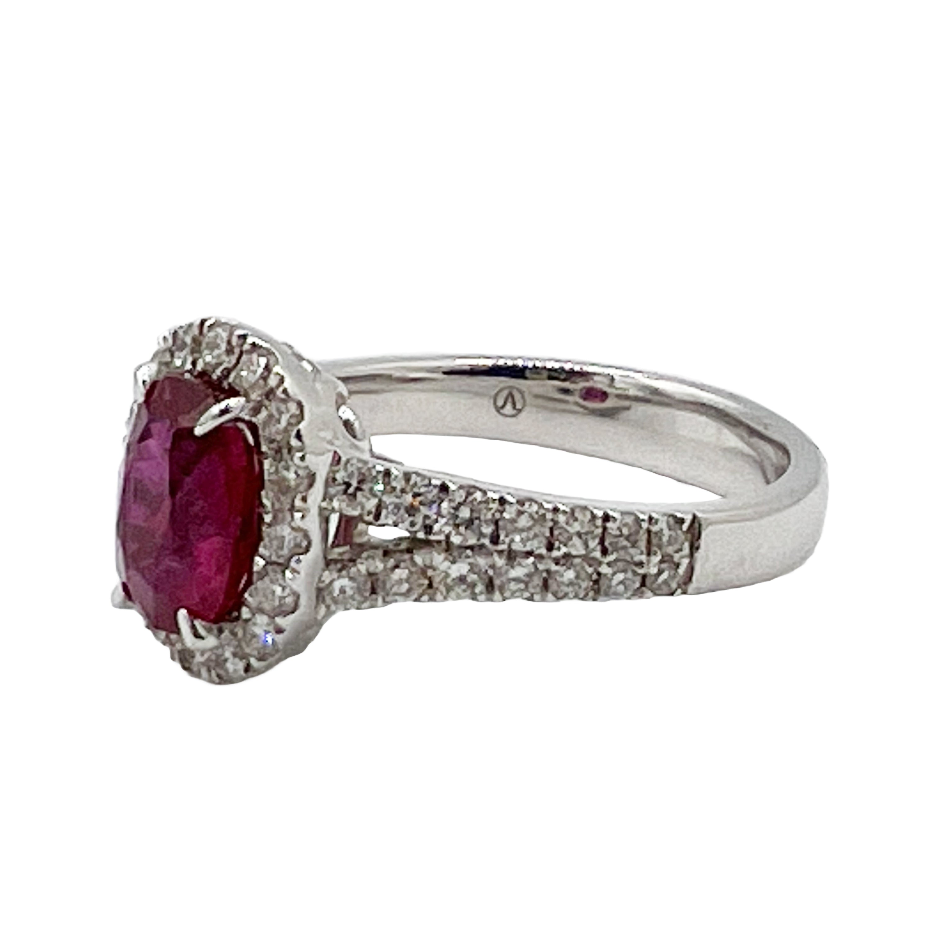 Handmade 18K White Gold Ruby Halo Ring, 1.54ct