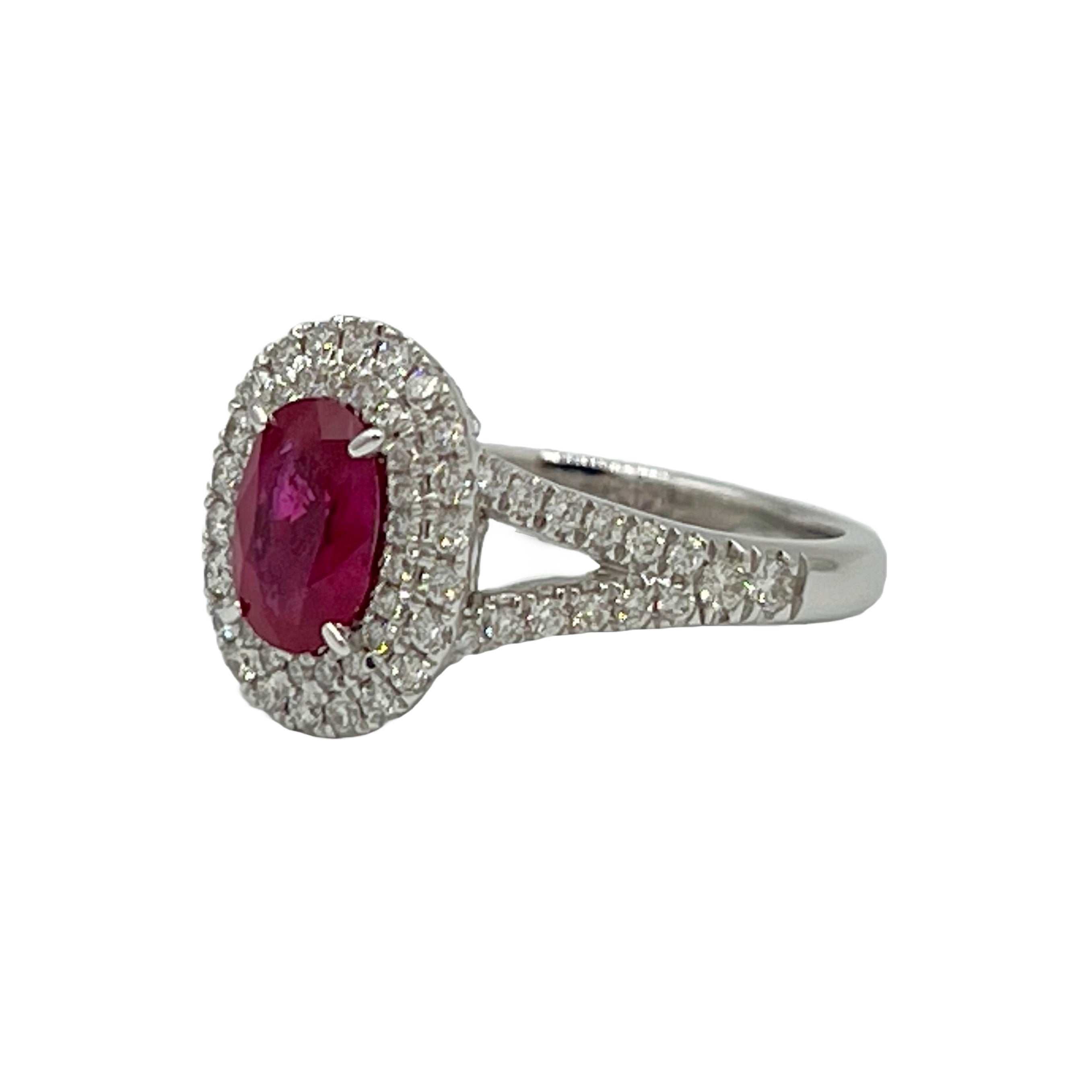 Handmade 18K White Gold Ruby Double Halo Ring, 1.14ct