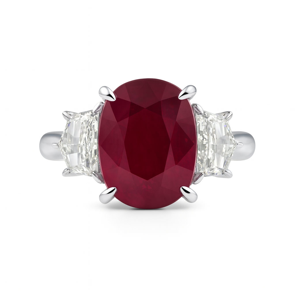 Handmade 18K White Gold Ruby 3 Stone Ring, 5.8ct