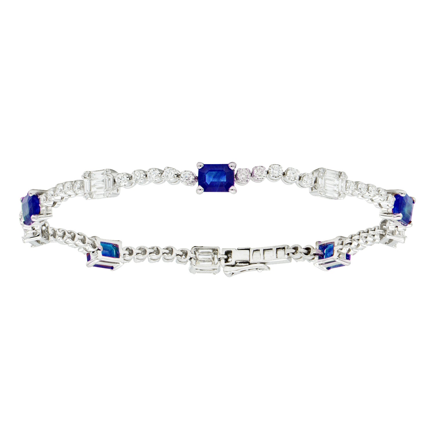 14K White Gold Emerald Cut Sapphire and Diamond Bracelet, 2.25ct