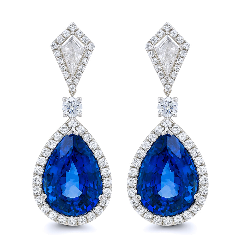 Handmade 18K White Gold Blue Sapphire Earrings, 12.44ct