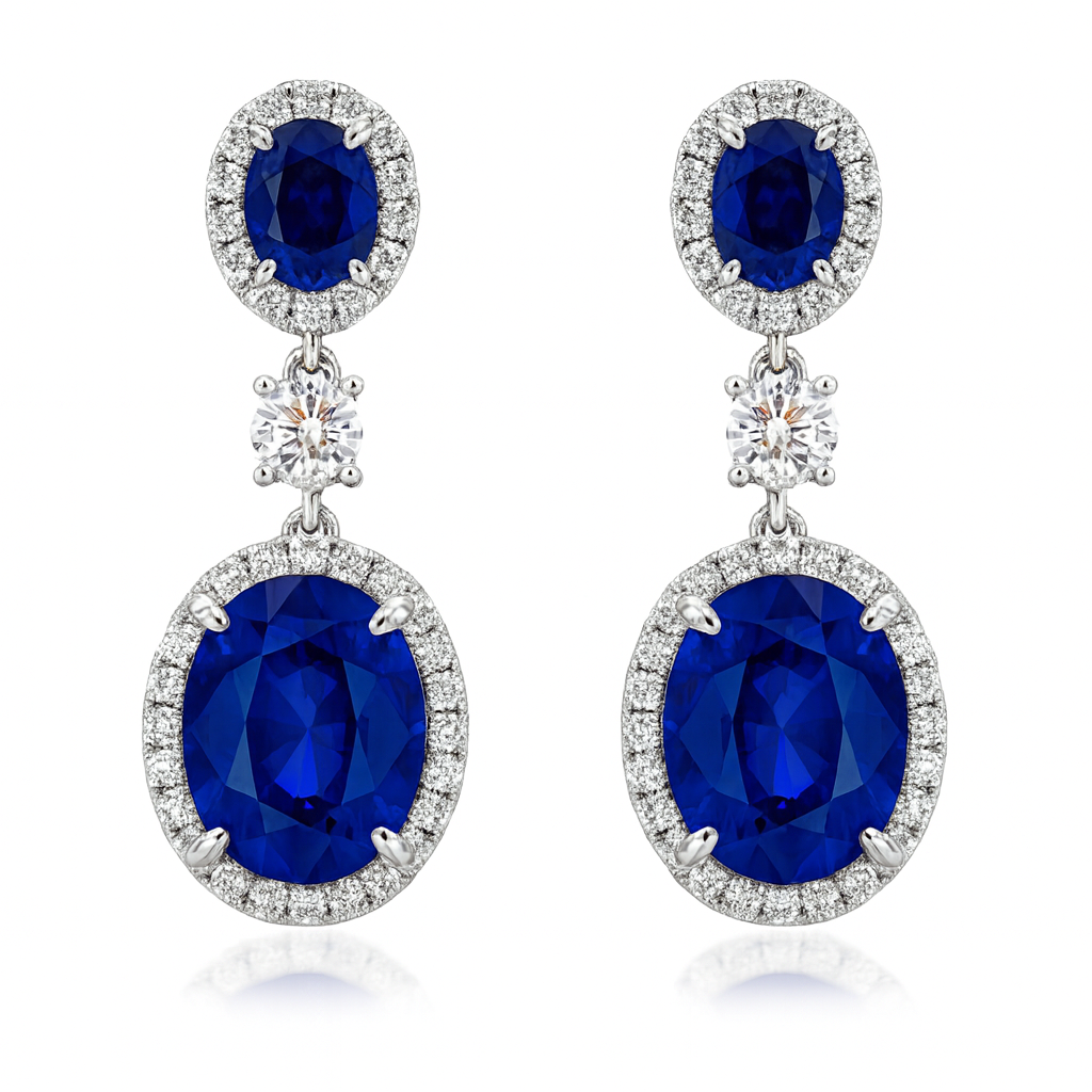 Handmade 18K White Gold Blue Sapphire Earrings, 6.83ct