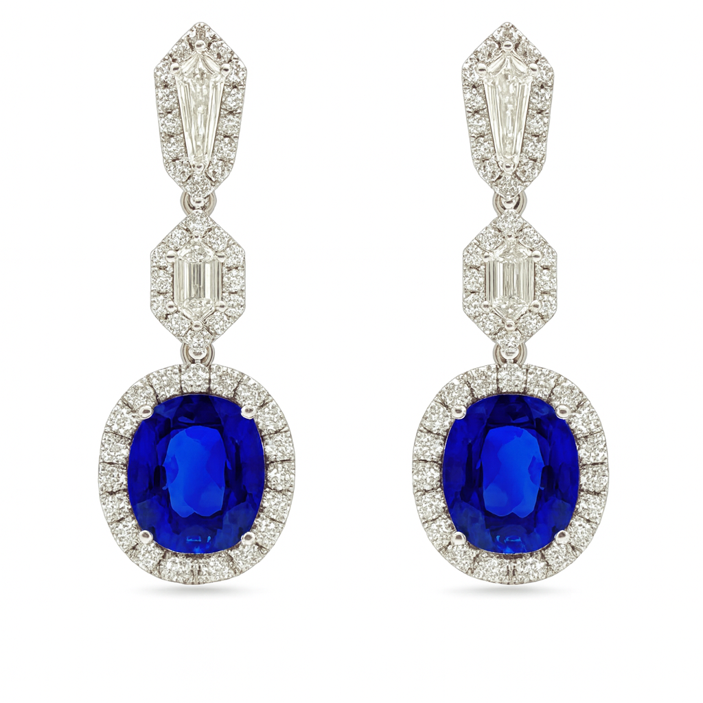 Handmade 18K White Gold Blue Sapphire Earrings, 12.12ct