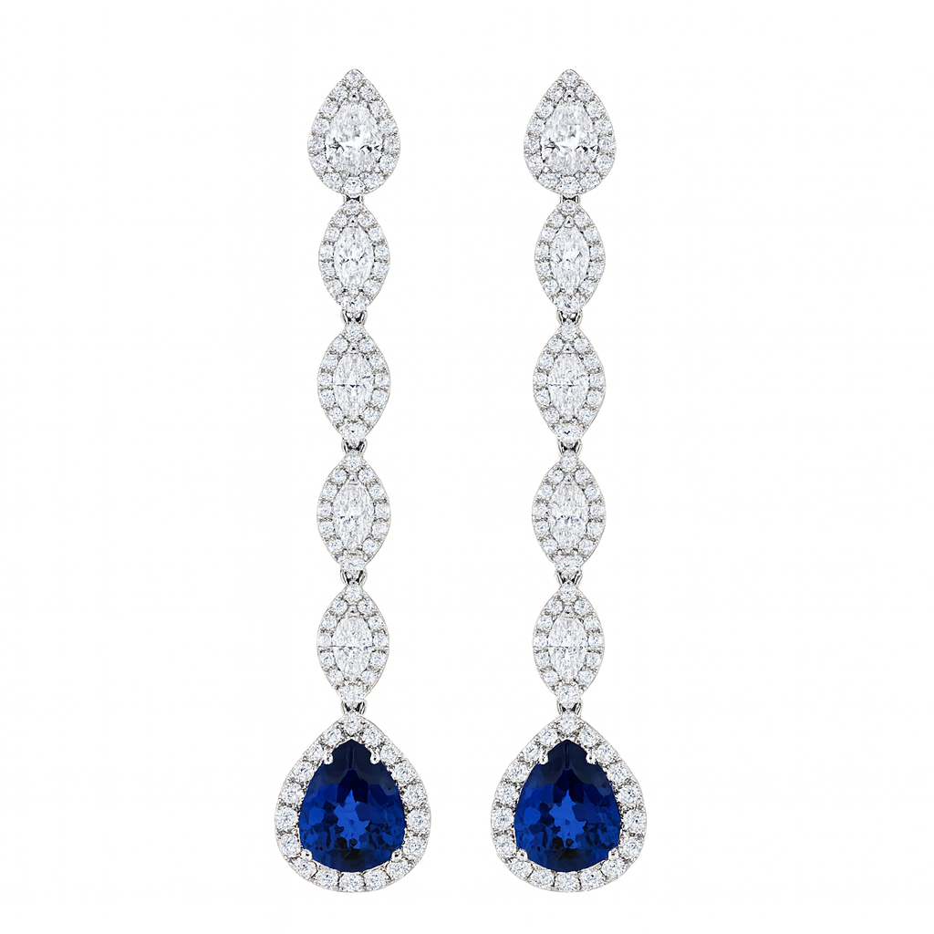 Handmade 18K White Gold Sapphire Fan Earrings, 4.04ct