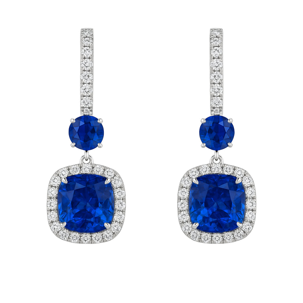 Handmade 18K White Gold Blue Sapphire Earrings, 5.64ct