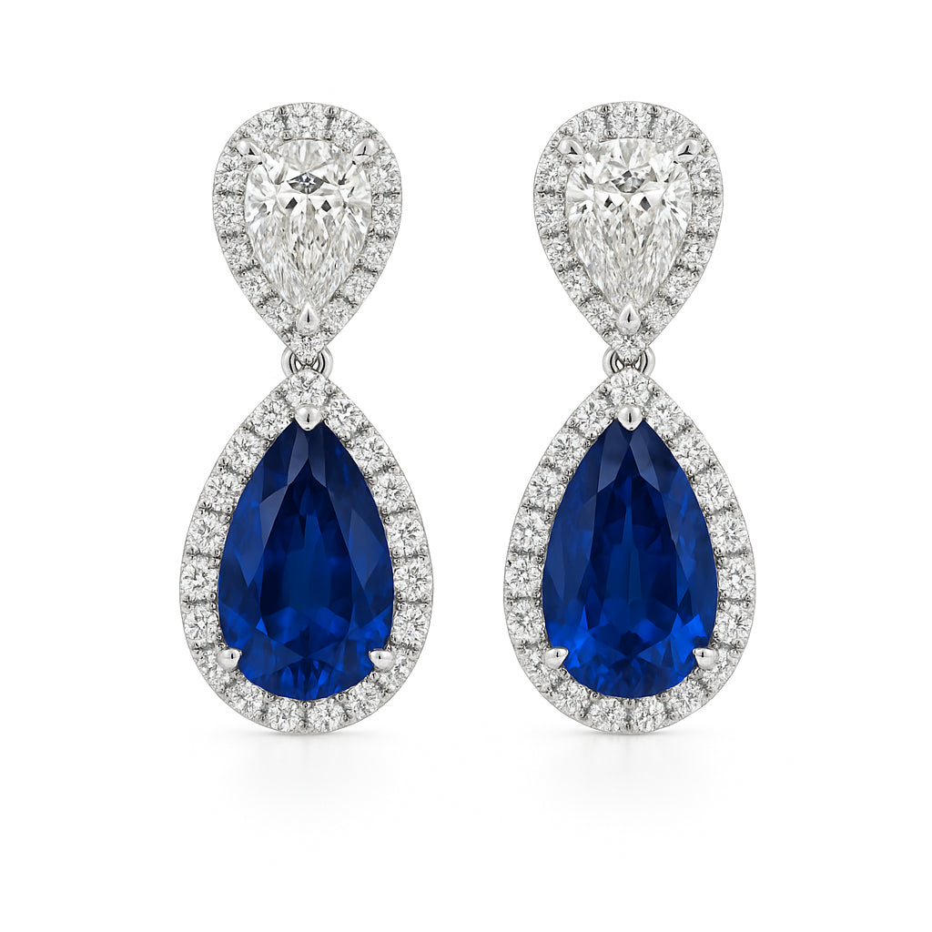 Handmade 18K White Gold Blue Sapphire Earrings, 8-9mm, 5.31ct