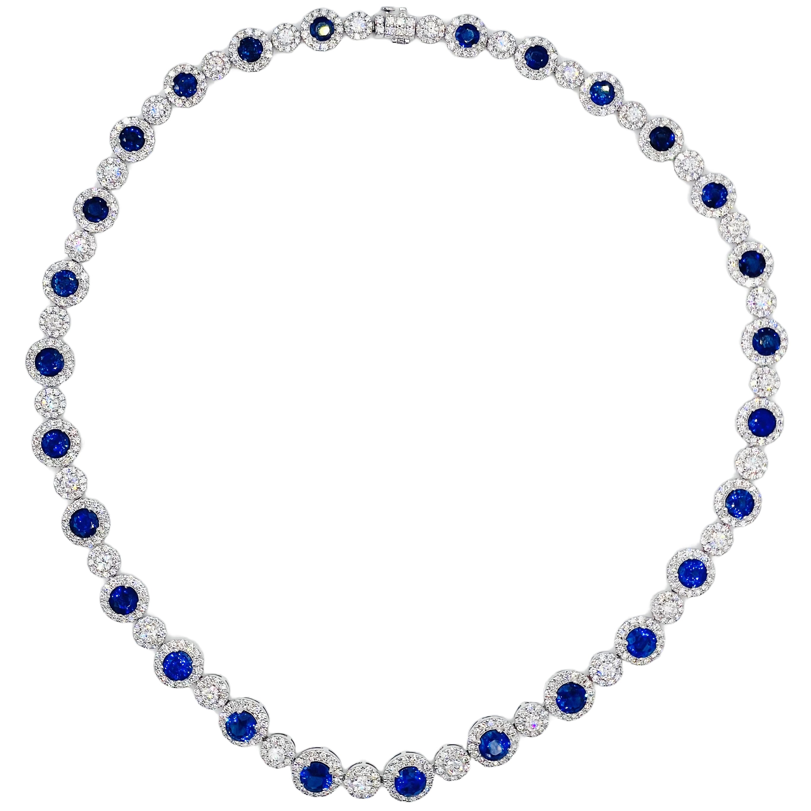 Handmade 18K White Gold Blue Sapphire Diamond Necklace, 25.26ct