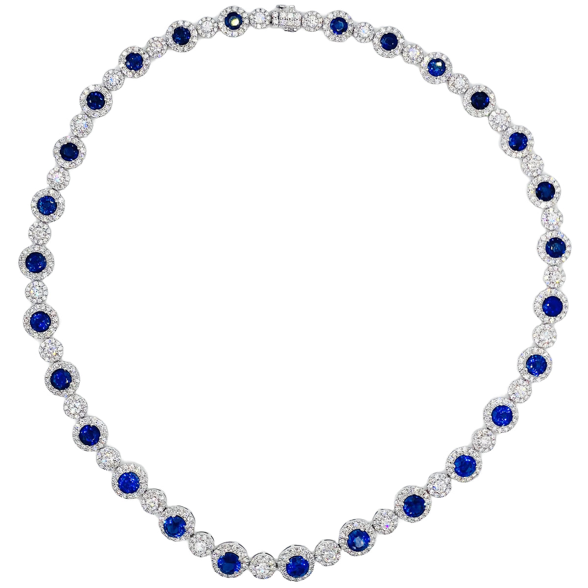 Handmade 18K White Gold Blue Sapphire Diamond Necklace, 25.26ct