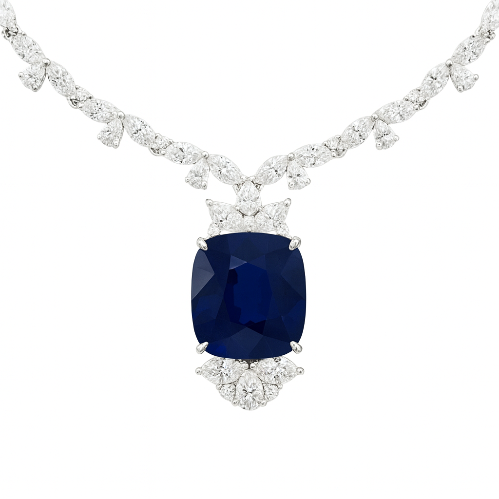 Handmade 18K White Gold Blue Sapphire Necklace, 20.6ct