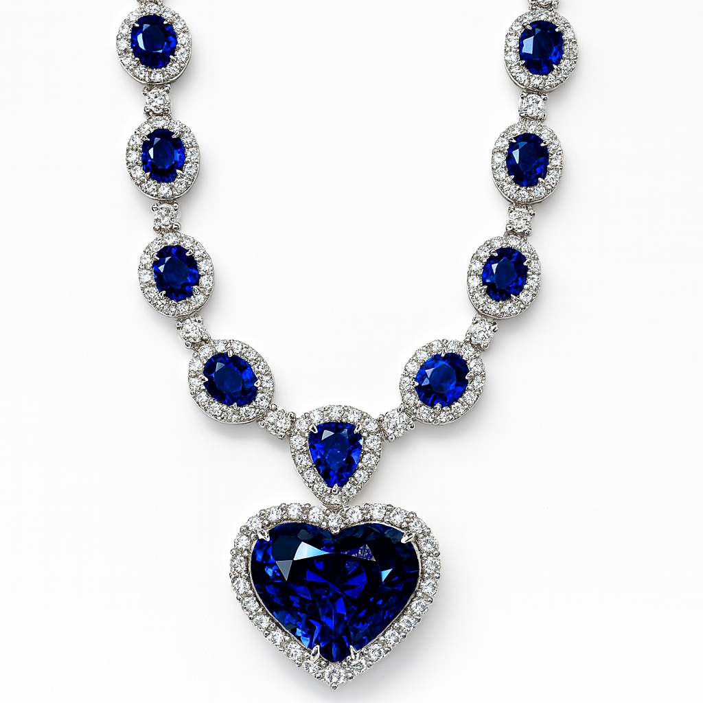 Handmade 18K White Gold Blue Sapphire Necklace, 28.1ct