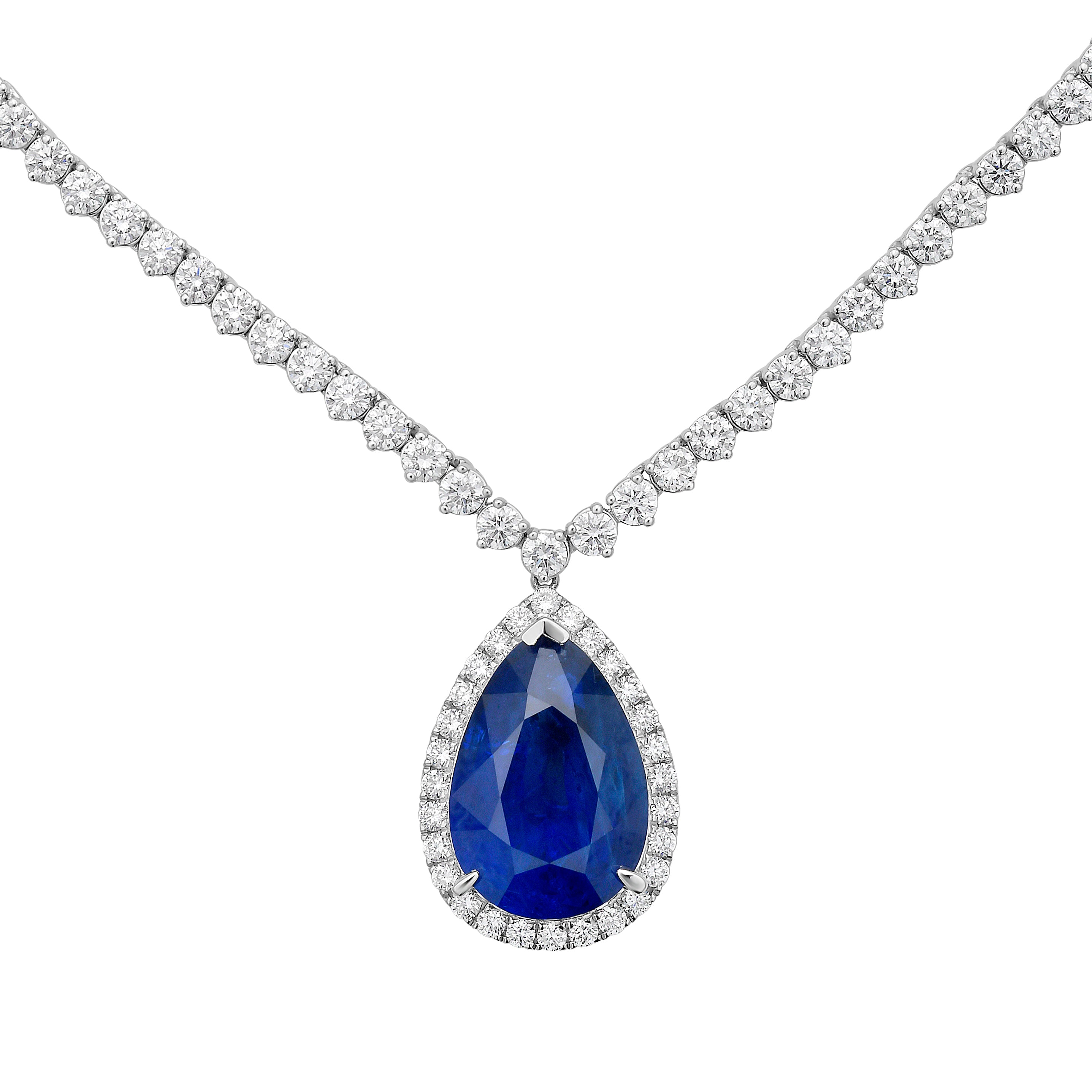 Handmade 18K White Gold Blue Sapphire Necklace, 17.55ct