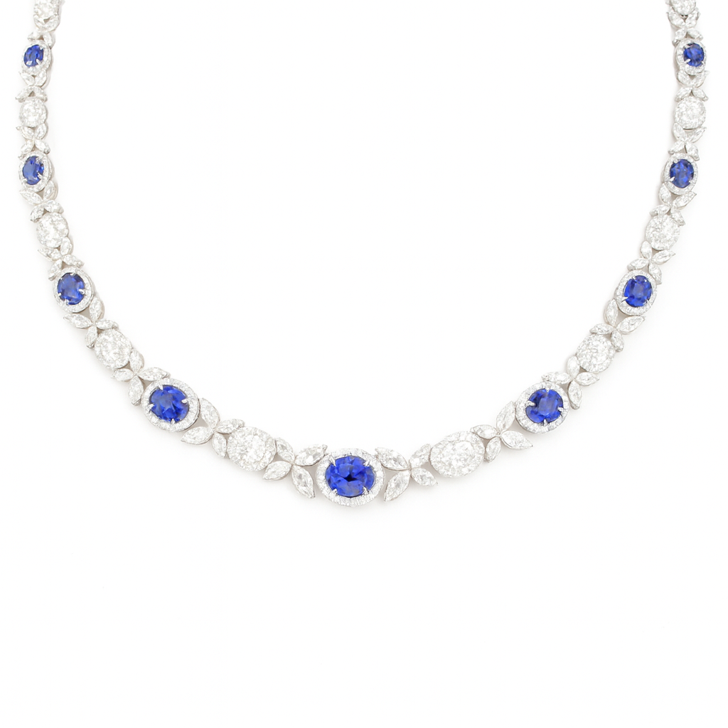 Handmade 18K White Gold Blue Sapphire Necklace, 13.22ct