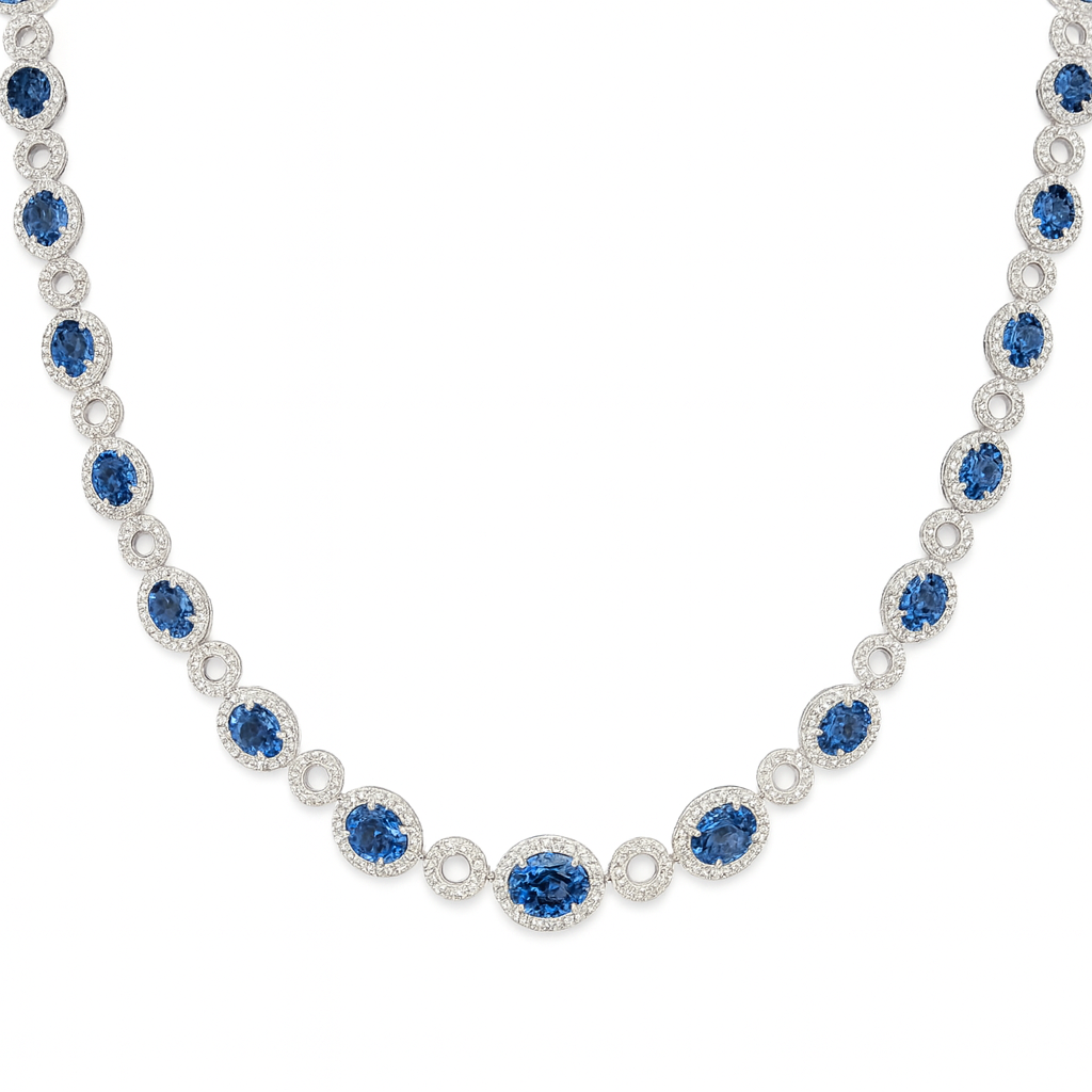 18K White Gold Blue Sapphire Necklace, 21.77ct