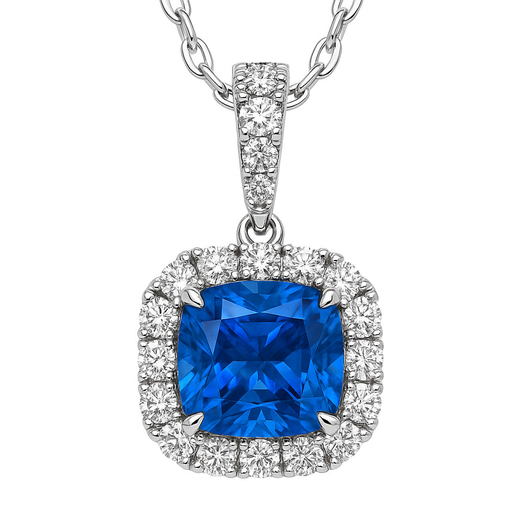 Handmade 18K White Gold Blue Sapphire Halo Pendant, 2.63ct