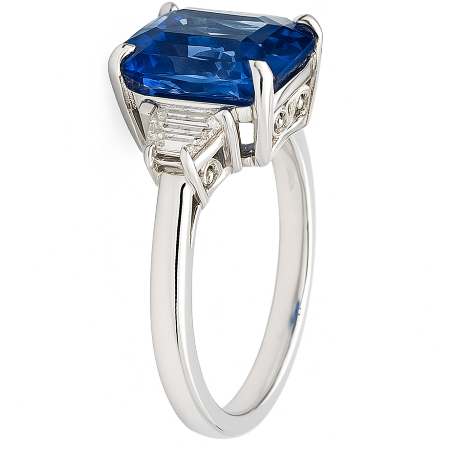 Handmade 18K White Gold Blue Sapphire and Trapezoid Ring, 5.97ct