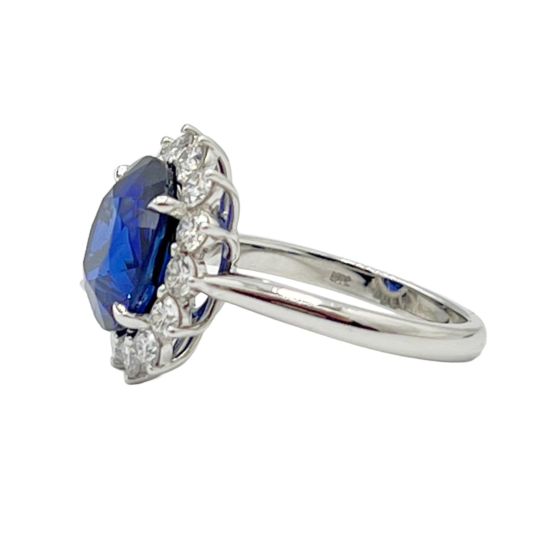 Handmade 18K White Gold Blue Sapphire Halo Ring, 6.03ct