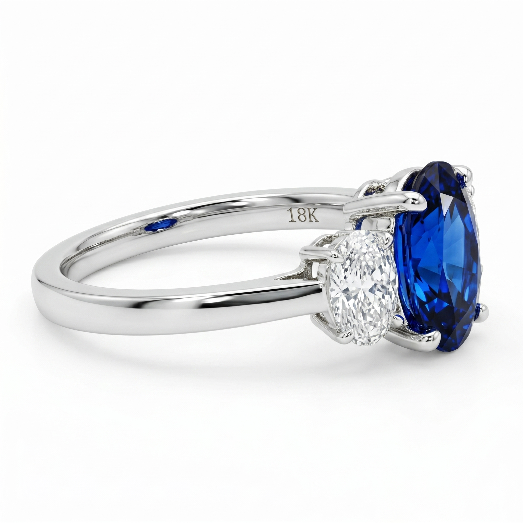 Handmade 18K White Gold Blue Sapphire 3 Stone Ring, 1.99ct