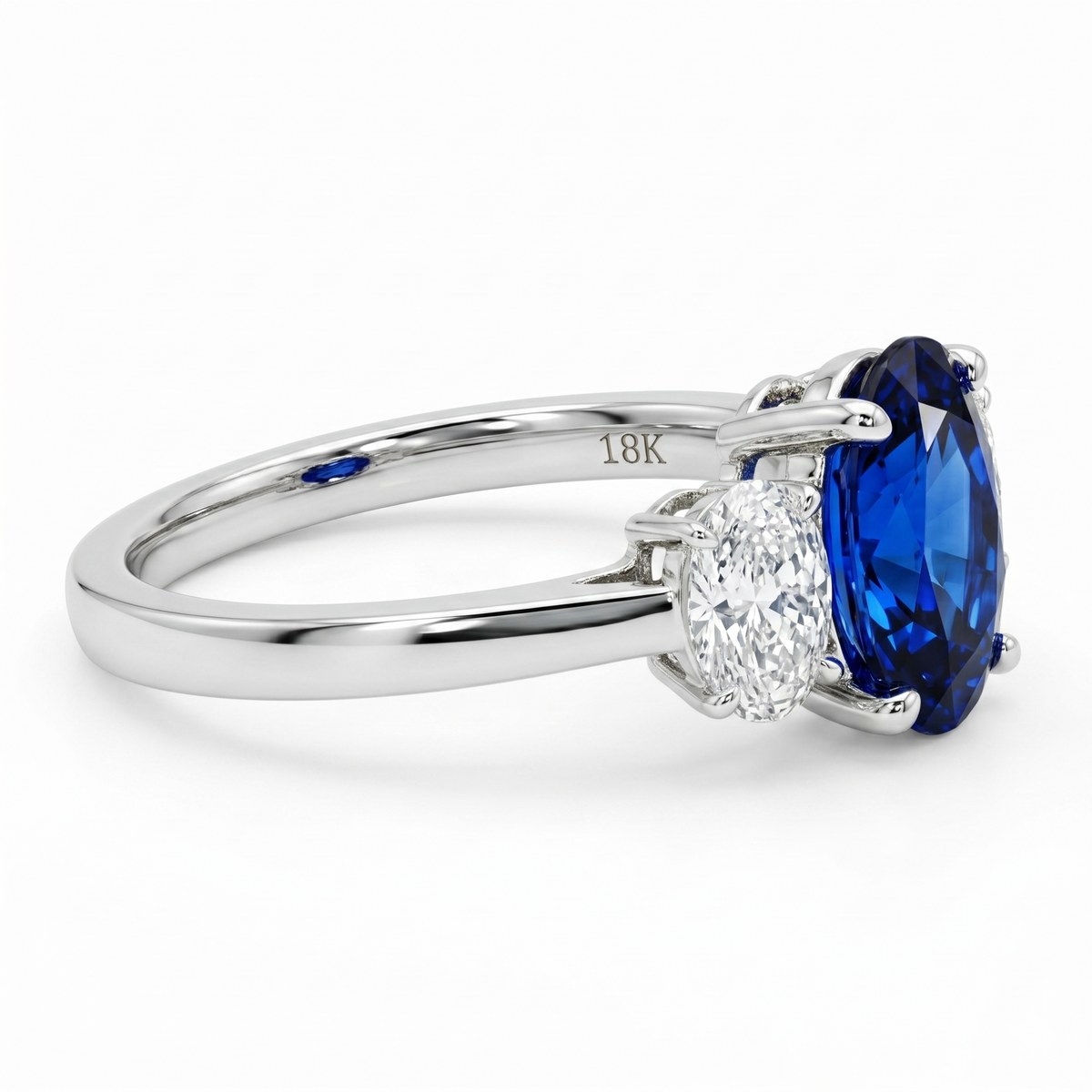 Handmade 18K White Gold Blue Sapphire 3 Stone Ring, 1.99ct