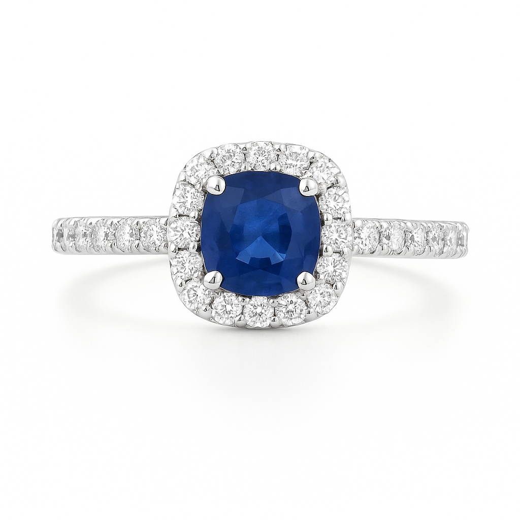 Handmade 18K White Gold Blue Sapphire Diamond Ring, 1ct