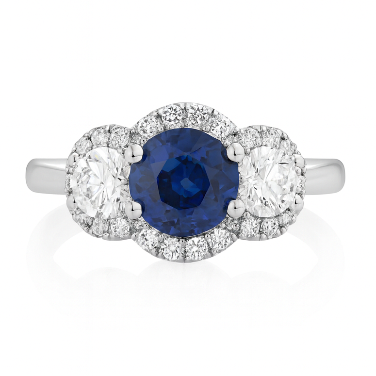 Handmade 18K White Gold Blue Sapphire & Diamond Ring, 0.9ct