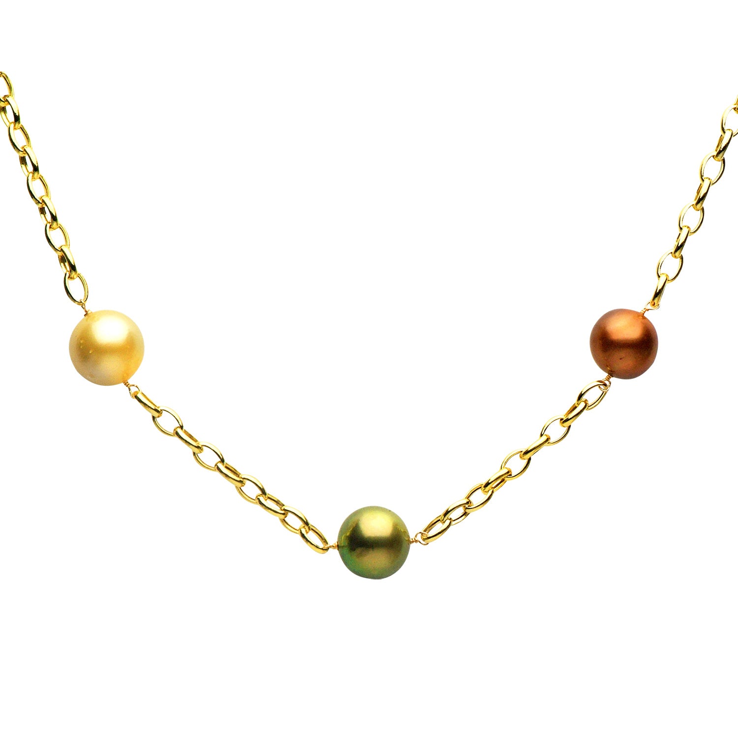 14K Yellow Gold Multi-Colored Pearl Necklace, 12-15mm