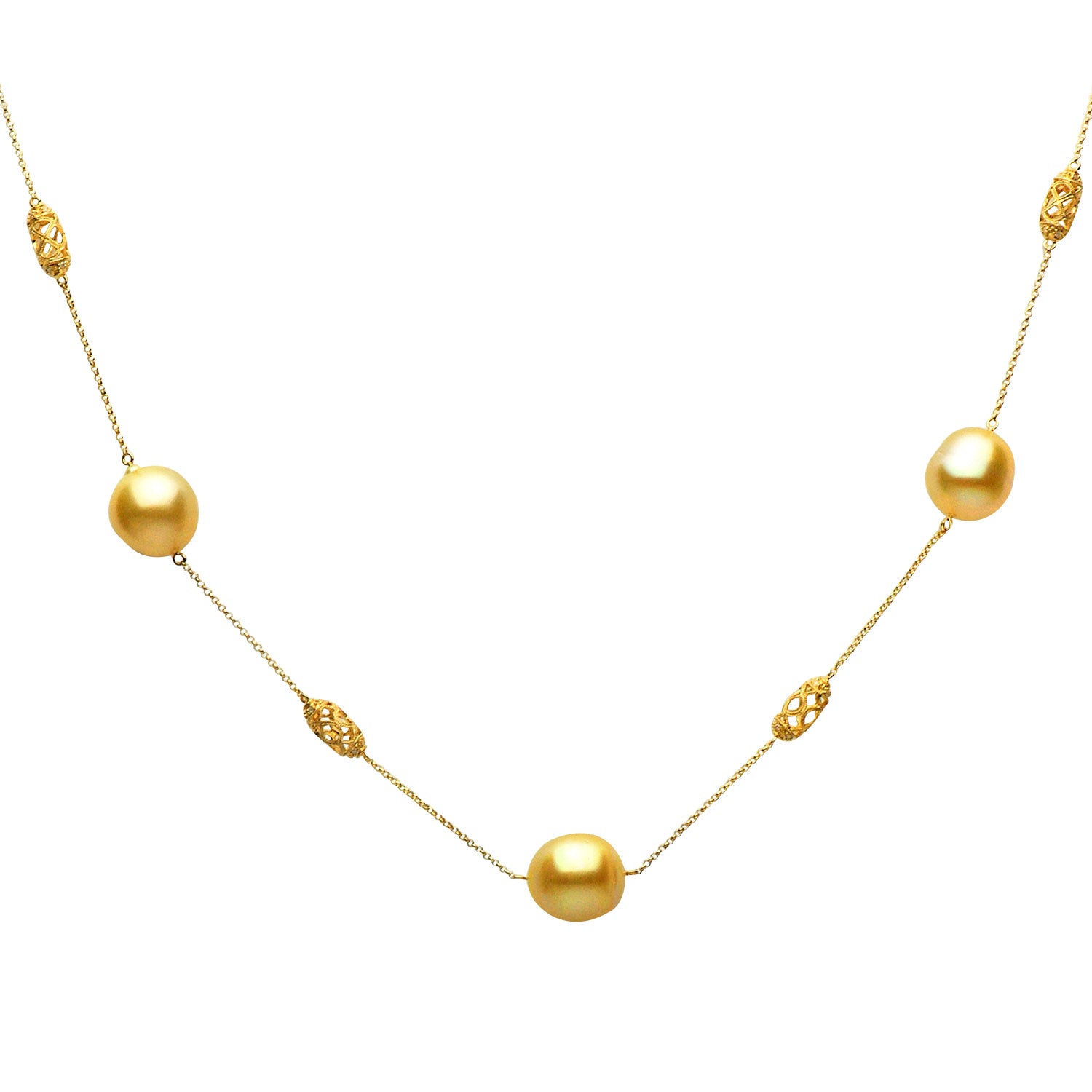 14K Yellow Gold Golden South Sea Pearl Tincup Necklace, 11-12mm