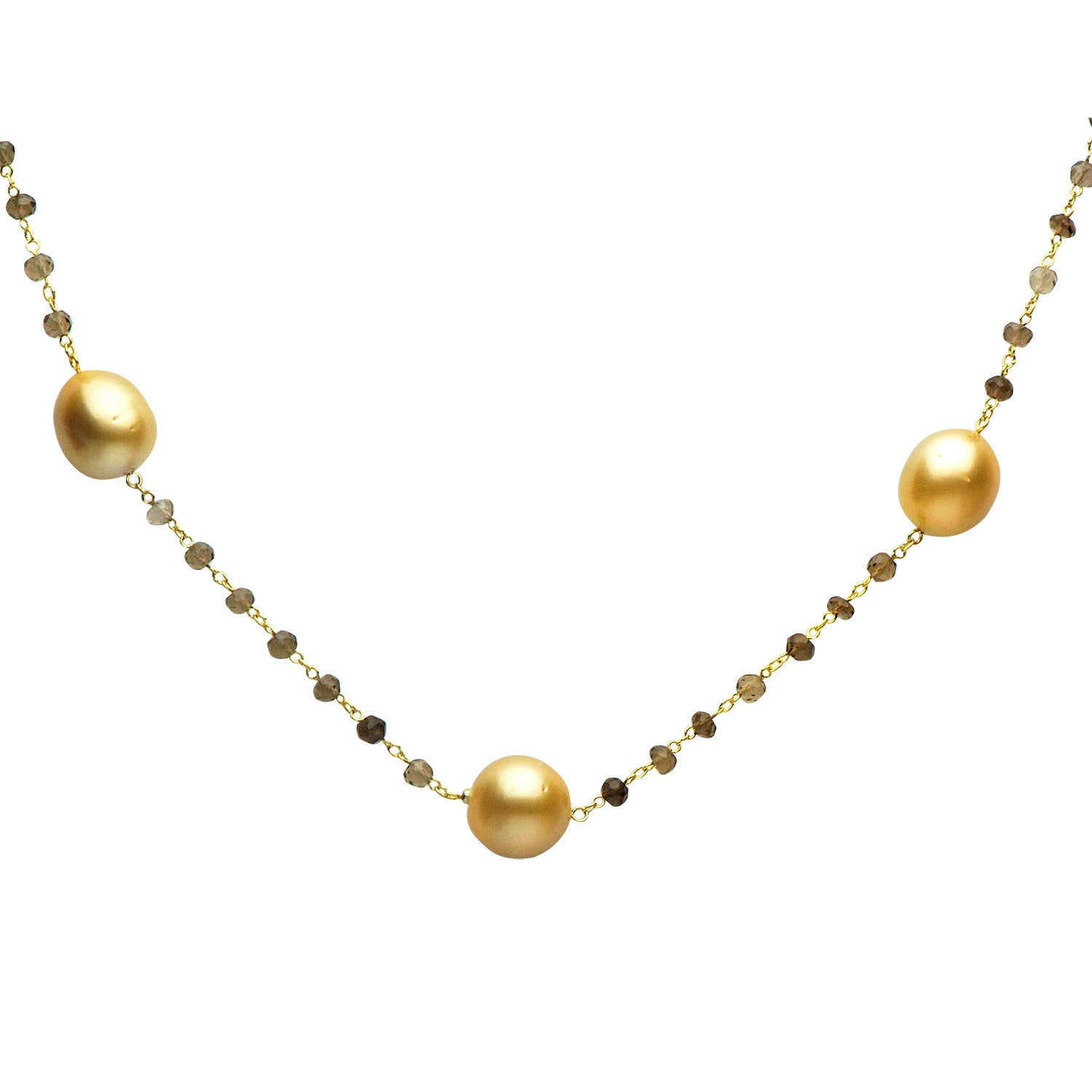 18K Yellow Gold Smokey Quartz Necklace, 13-14mm