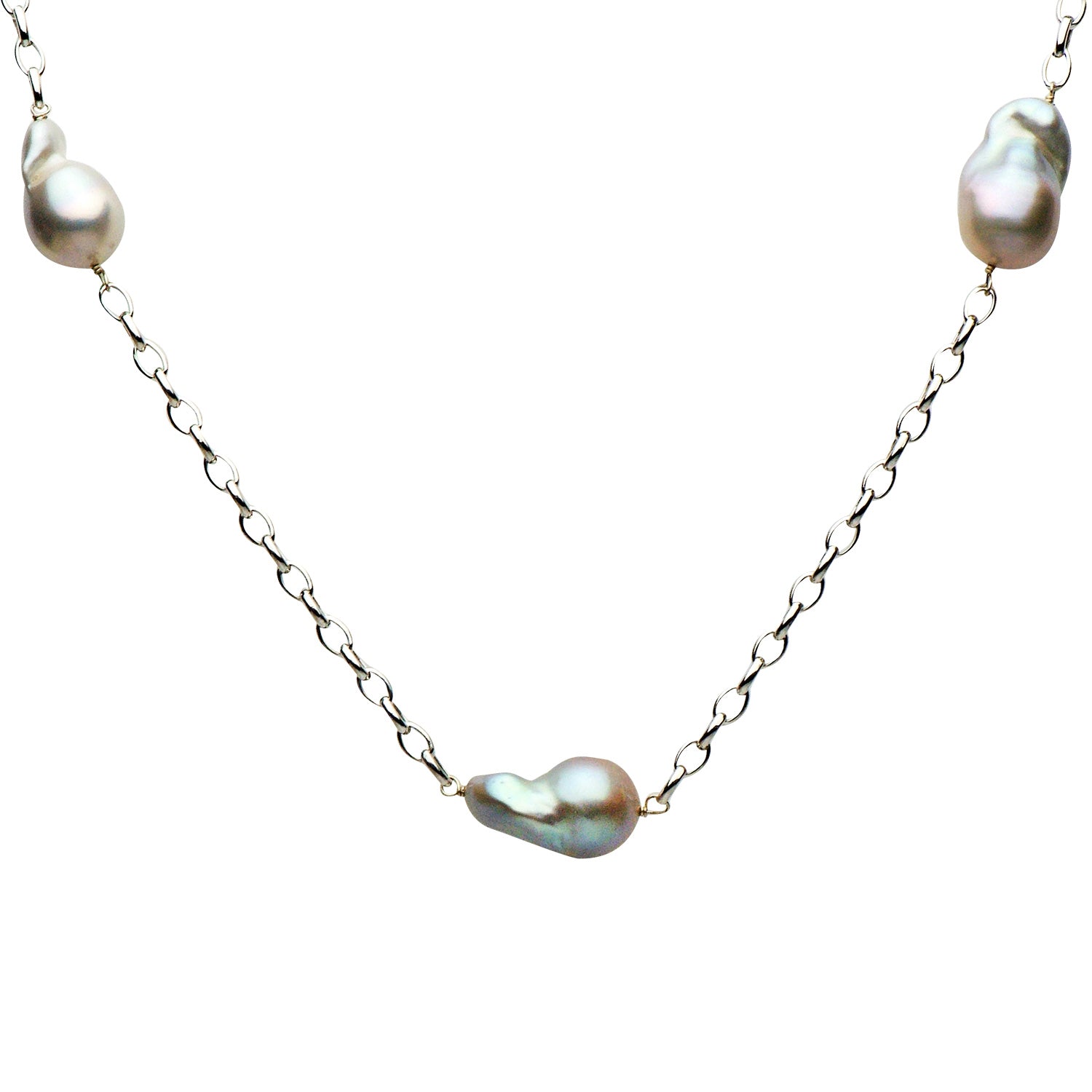 14K White Gold Grey Freshwater Pearl Necklace, 7mm