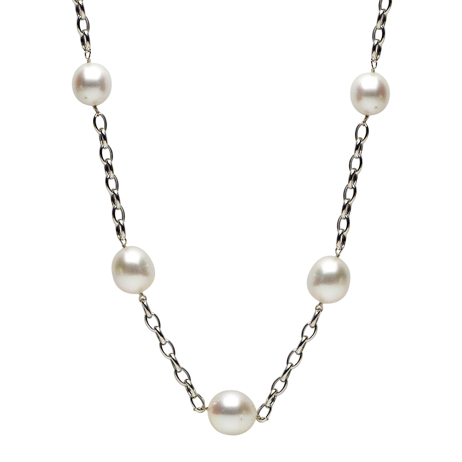 14K White Gold South Sea Pearl Tincup Necklace, 12-15mm