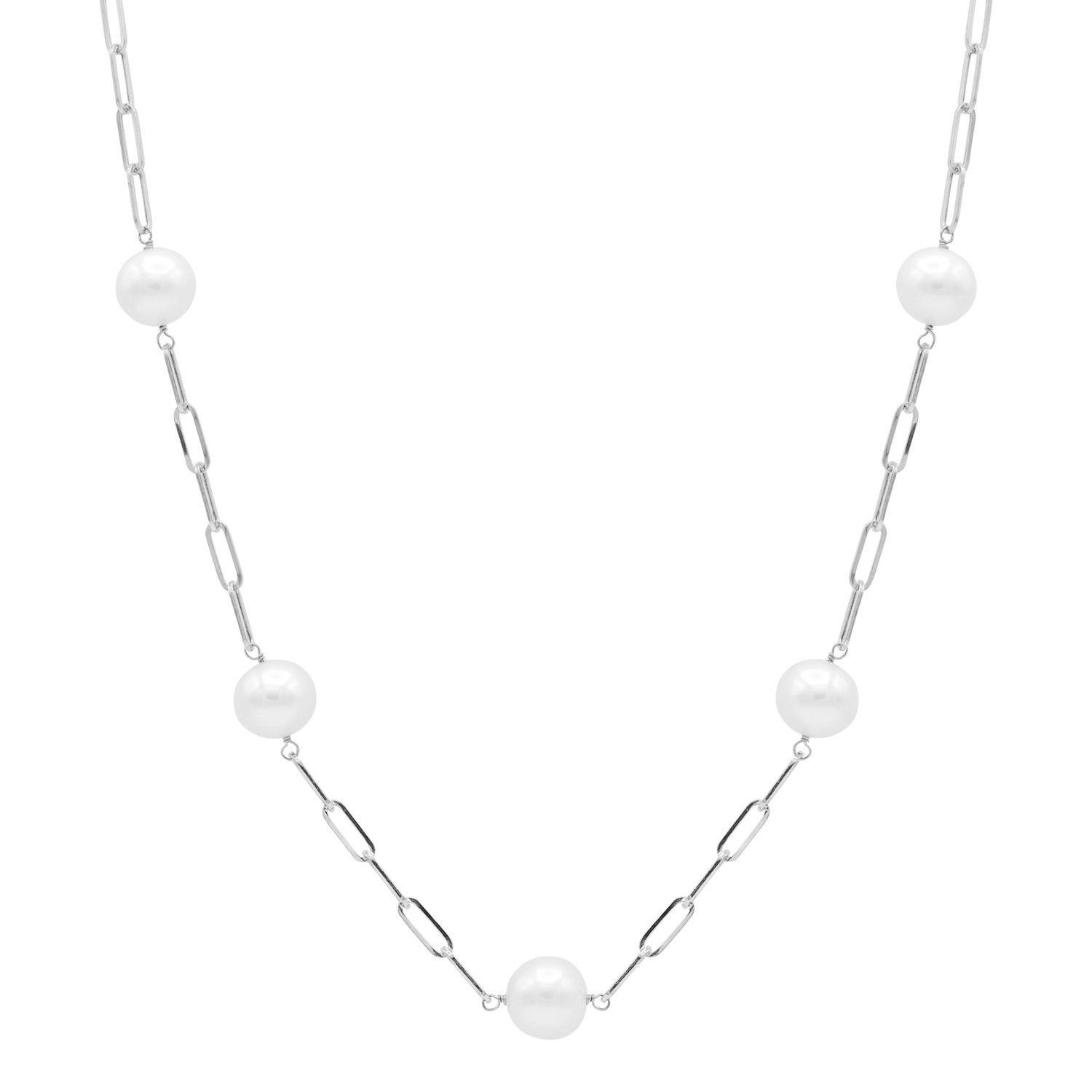 14K White Gold Paperclip Pearl Tincup Necklace, 10.50-11.50mm