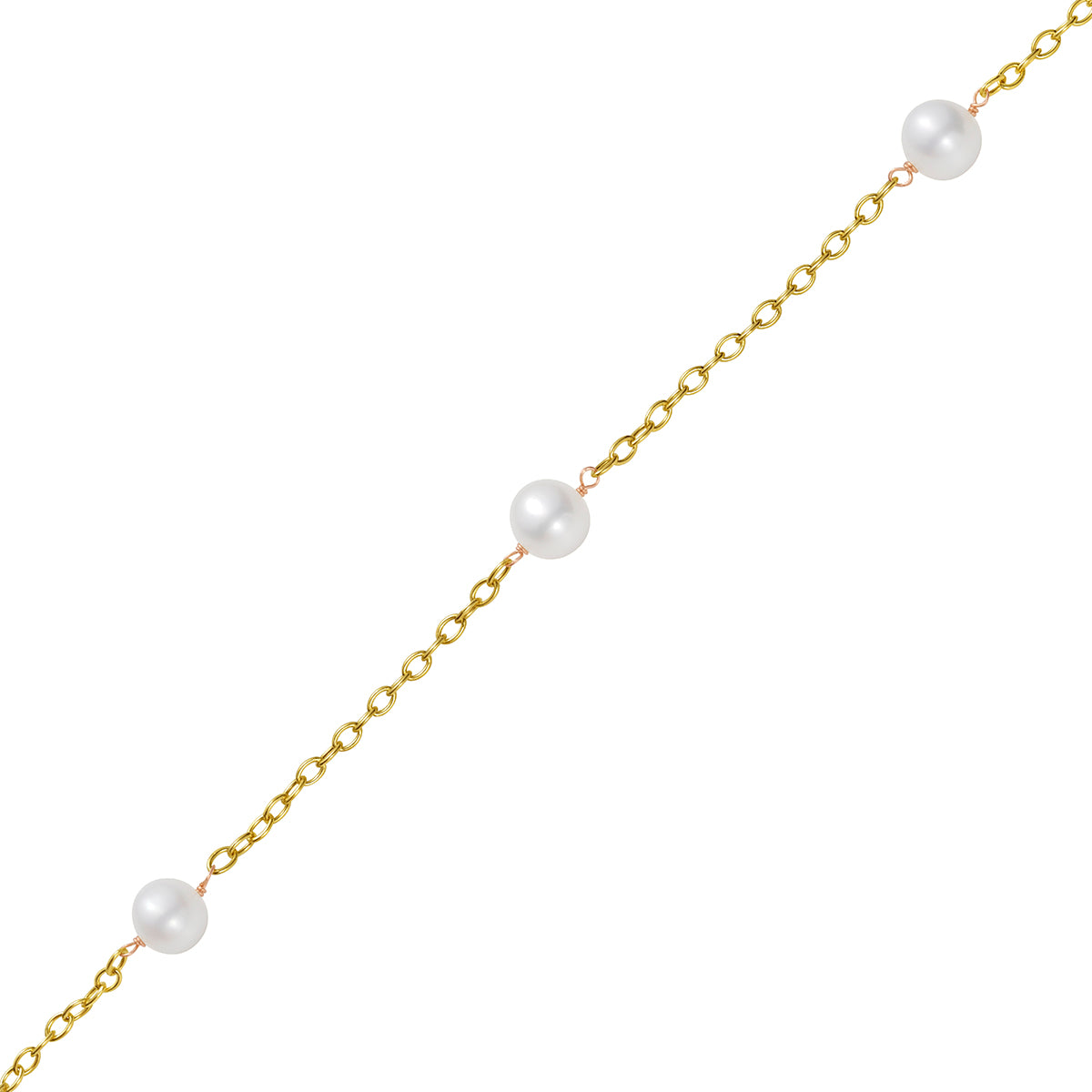 14K Yellow Gold Tin Cup White FW Pearl Necklace, 8-9mm