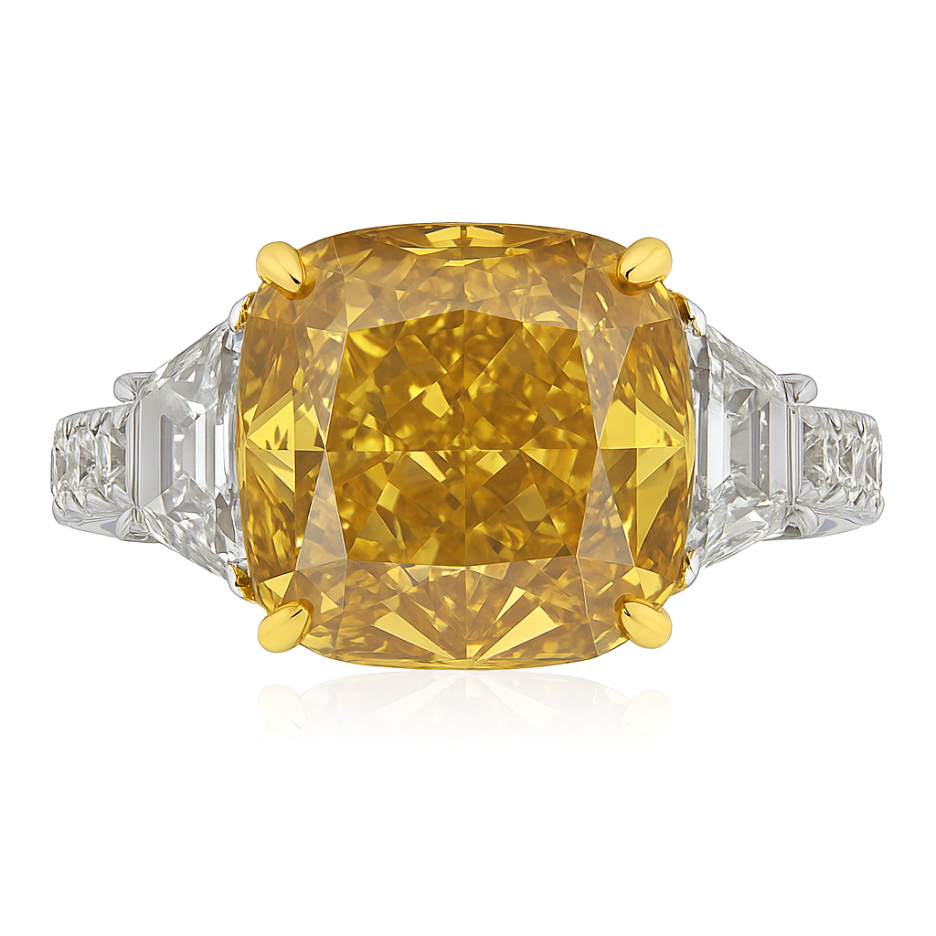 Handmade 18K Yellow Gold Cushion Yellow Diamond Ring, 6.05ct