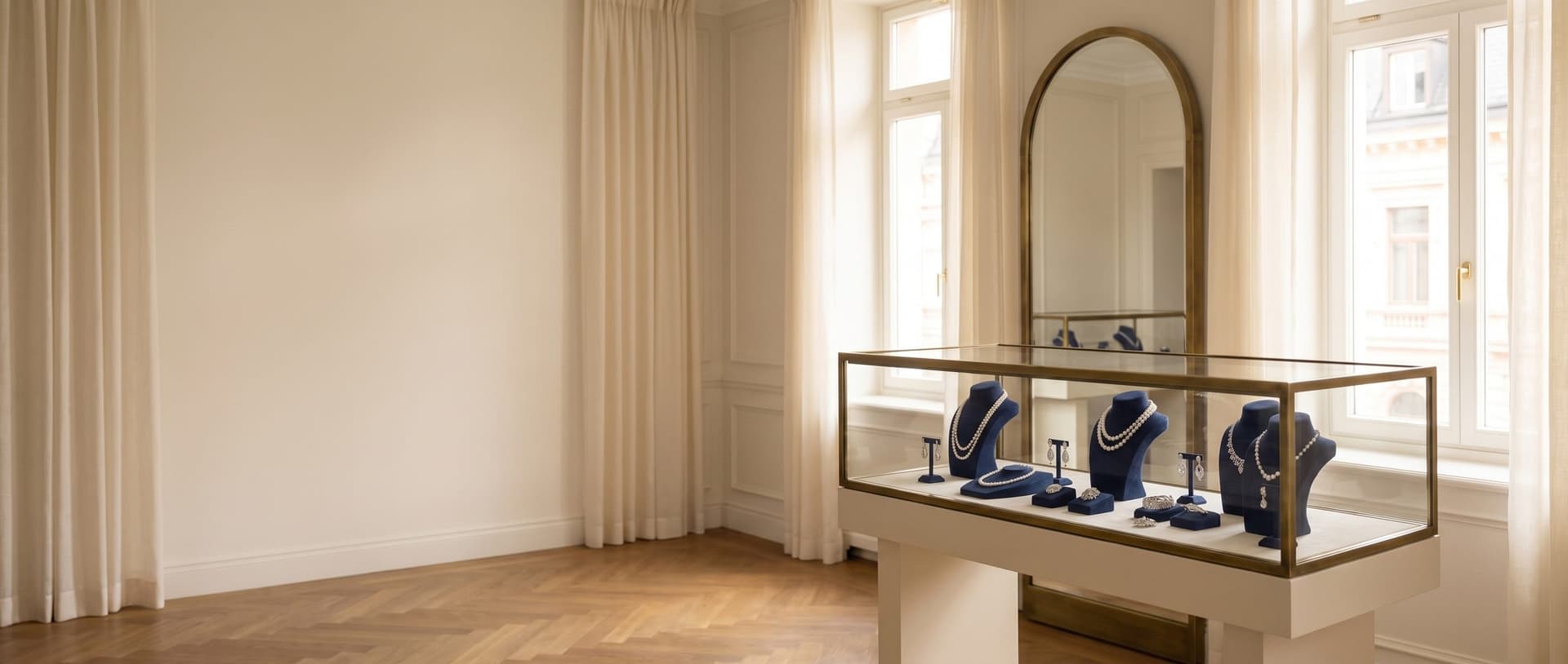 A bright jewelry boutique with a glass display case of pearl necklaces