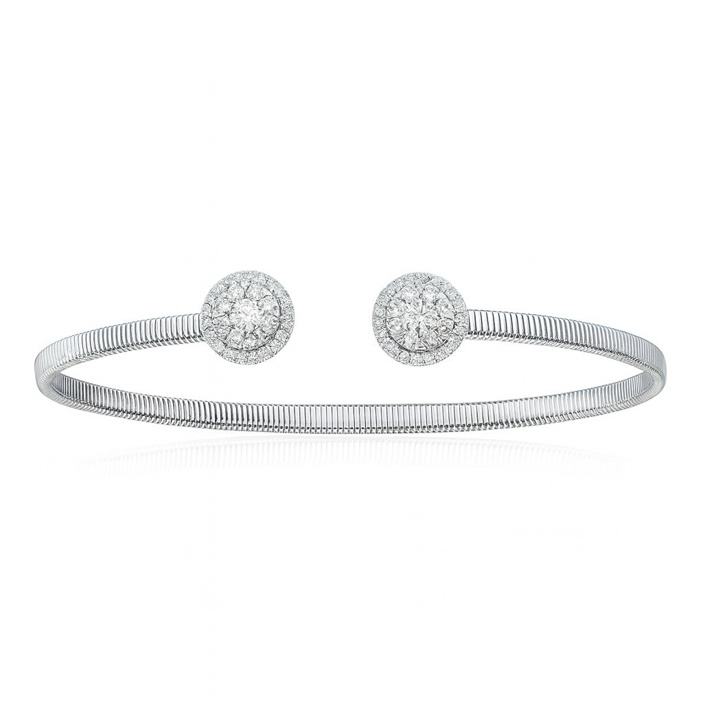 14K White Gold Round Diamond Cluster Bangle, 0.7ct
