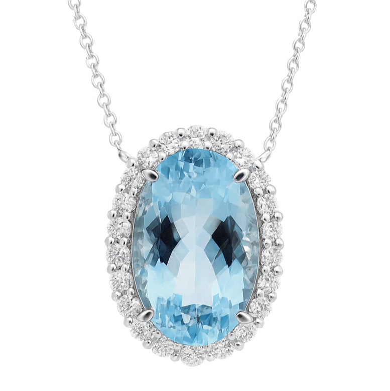 ACN155884-AQ - Necklace 14KW/3.4G 1AQUA-9.07CT 24RD-0.79CT