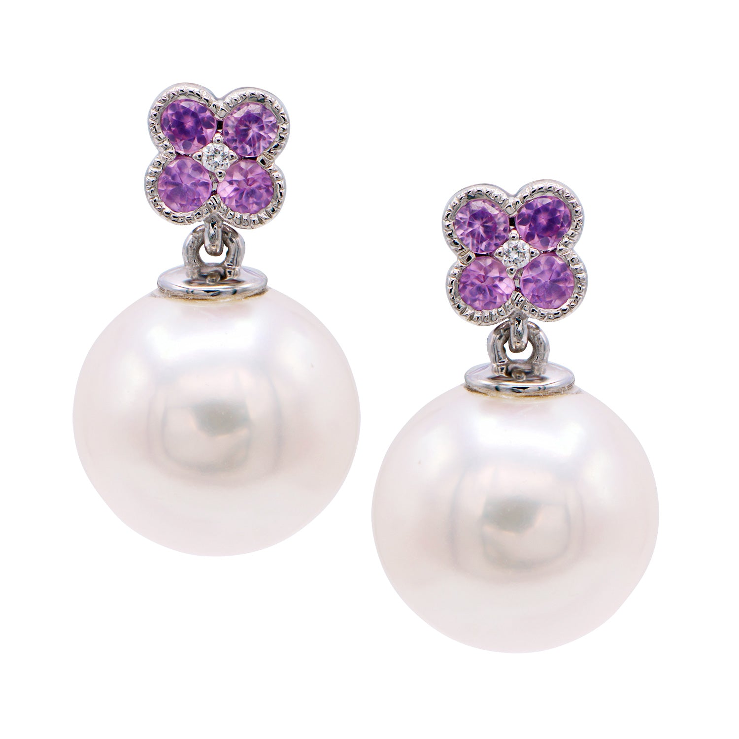 E012003PS - Earrings 14KW/1.2G W.FW 8PS-0.34CT 2RD-0.01CT 10-11mm