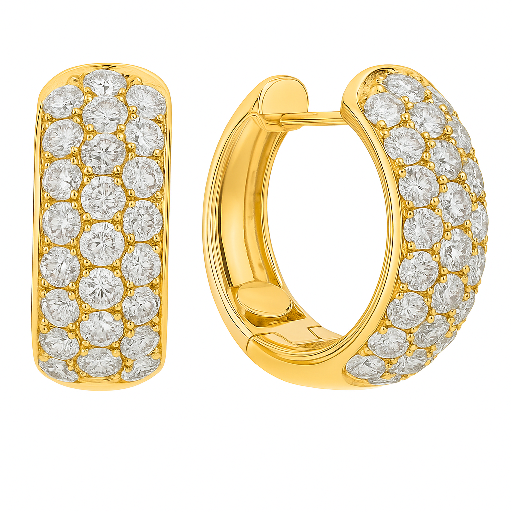 14K Yellow Gold Three Row Diamond Hoops, 1.5ct