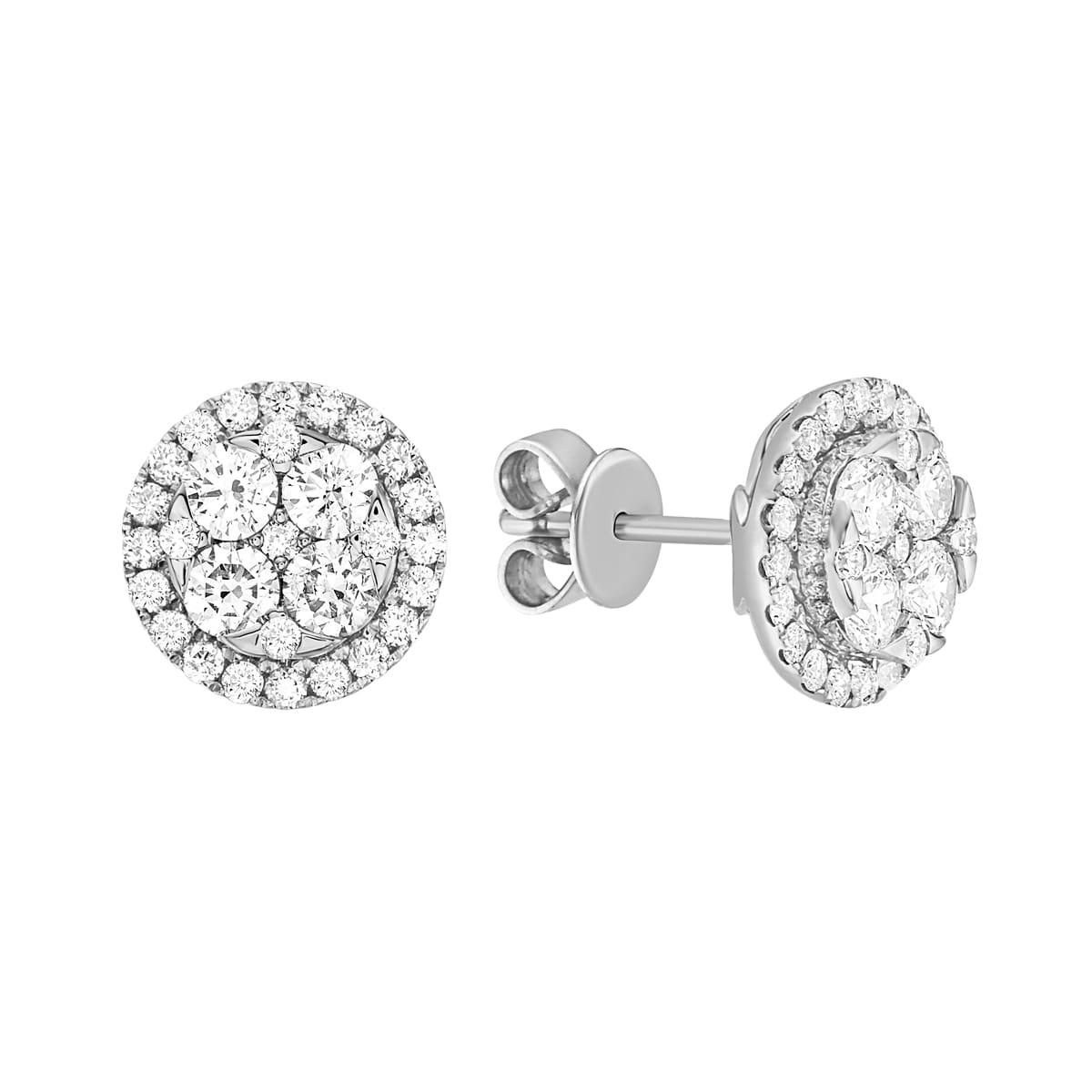 14K White Gold Round Shaped Diamond Cluster Circle Stud Earrings - Large, 1.13ct