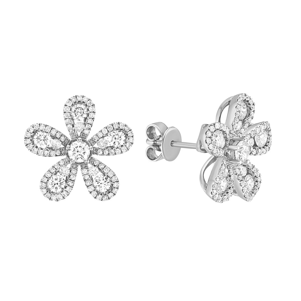 14K White Gold Five Petal Diamond Studs, 1.05ct