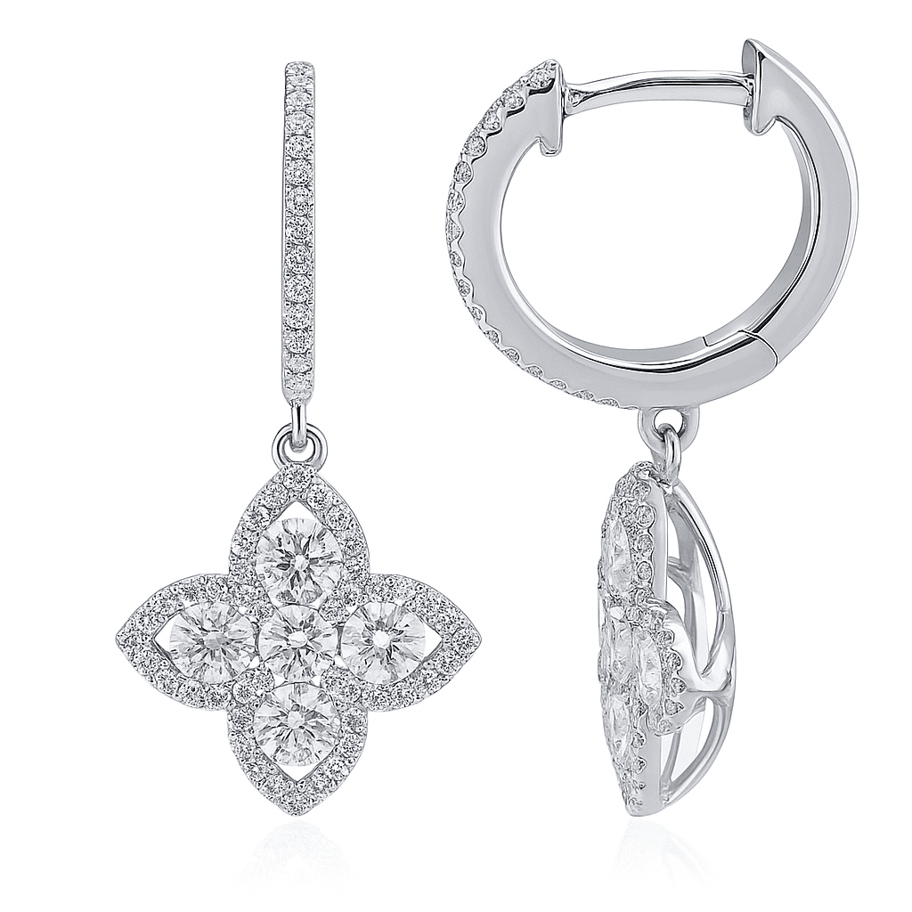 14K White Gold Clover Shape Dangle Diamond Earrings, 1.04ct