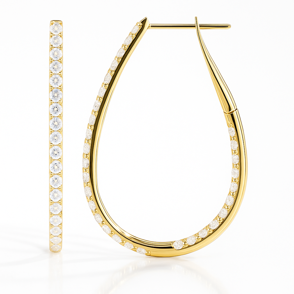 14K Yellow Gold Pear Shape Inside and Out Diamond Hoop Earrings, 0.65ct