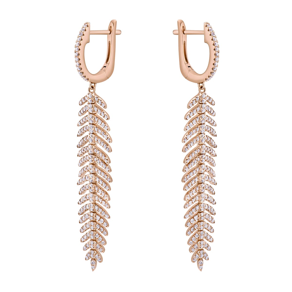 14K Rose Gold Dangle Diamond Leaf Earrings, 1.28ct