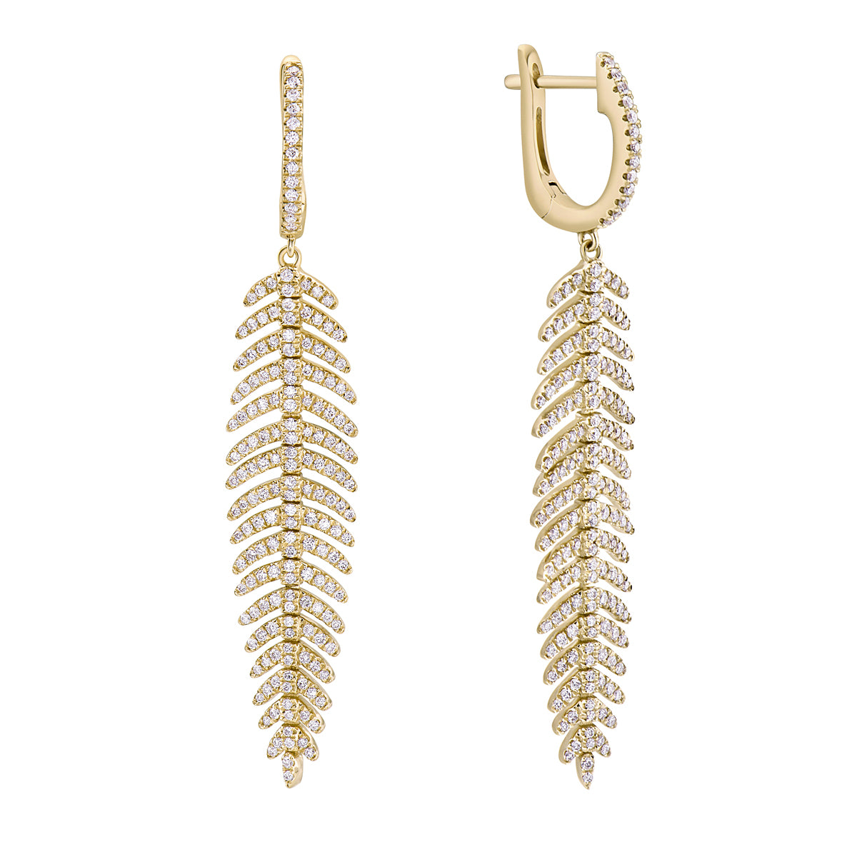14K Yellow Gold Dangle Diamond Leaf Earrings, 1.28ct