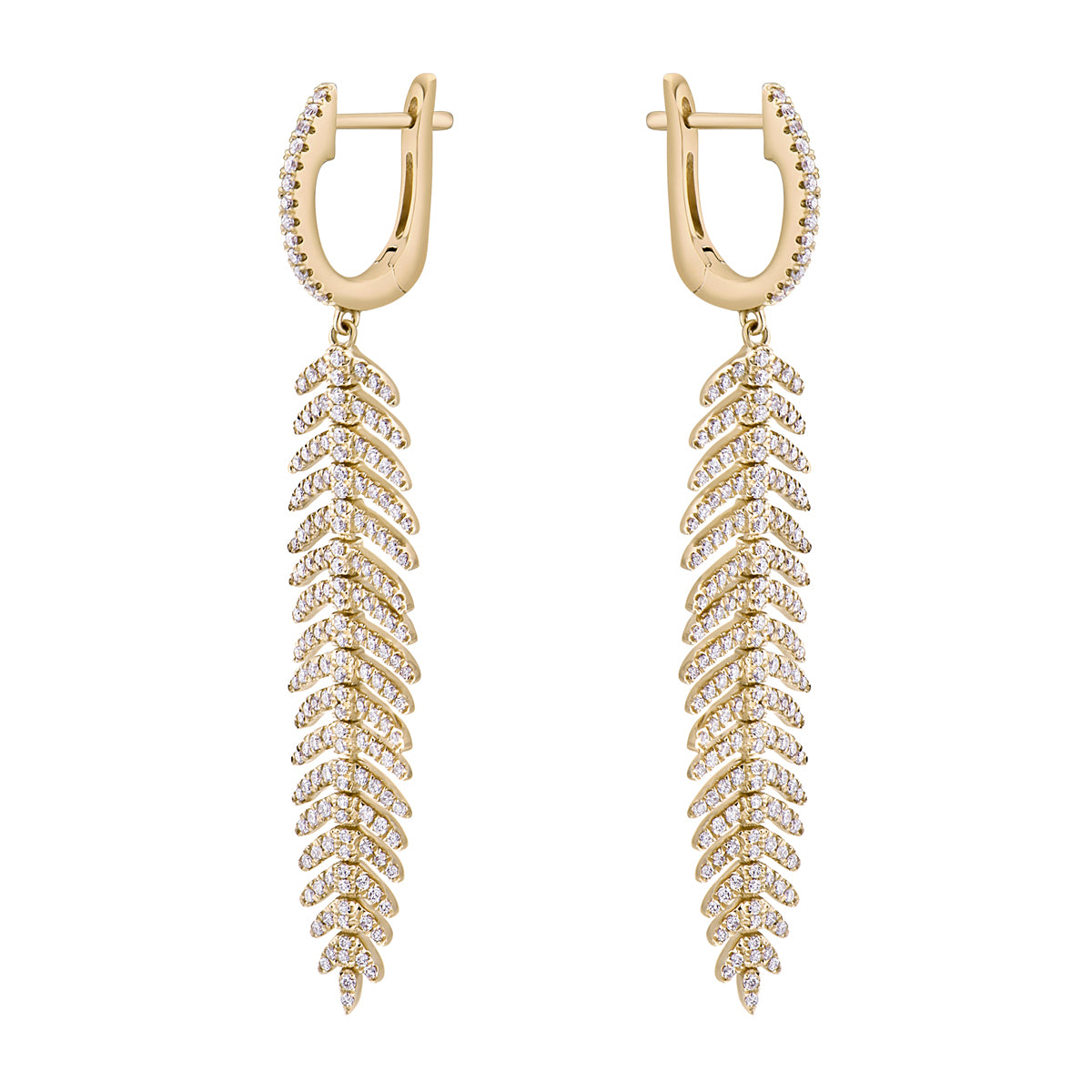 14K Yellow Gold Dangle Diamond Leaf Earrings, 1.28ct