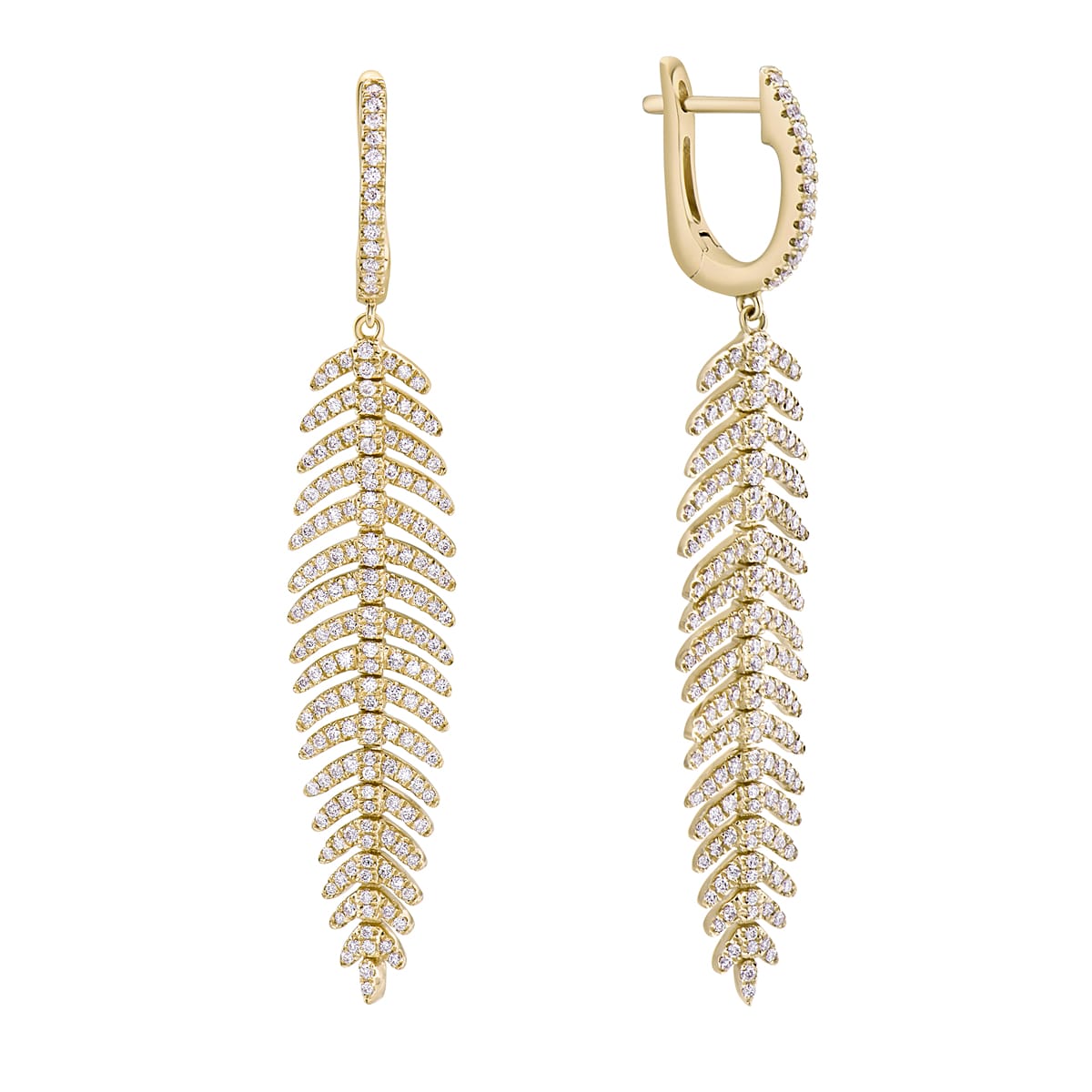 14K Yellow Gold Dangle Diamond Leaf Earrings, 1.28ct